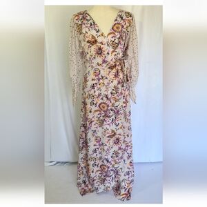 New W/Tag Maria Cher Designer Cream Floral Wrap Maxi Dress Large Whimsical